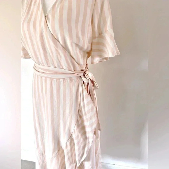 Rachel Parcell Linen Blend Wrap Dress Pink and White‎ Striped Ruffle Midi Small - Picture 5 of 13